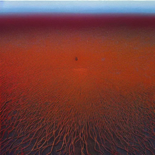 Image similar to blighted fields by Zdzisław Beksiński, oil on canvas