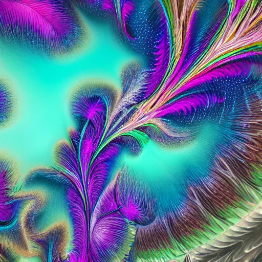 Prompt: an highly detailed irregular warped fractal of feathers by Jeff Koons, background of outer space neon nebulas by Pilar Gogar, 8k hdr octane render