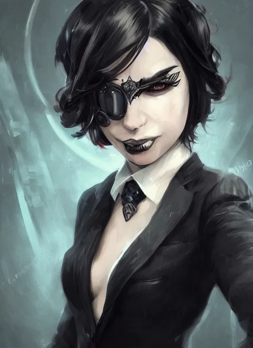 Image similar to a highly detailed illustration of beautiful short black messy haired woman wearing eyepatch and noir style suit and tie, dramatic smiling pose, intricate, elegant, highly detailed, centered, digital painting, artstation, concept art, smooth, sharp focus, league of legends concept art, WLOP