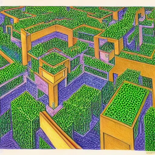 Prompt: hanging gardens of babylon, in the style of m c escher, colored pencil drawing