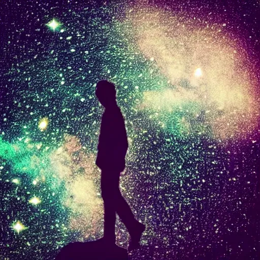 Image similar to “man floating made out of stars and galaxies in the dark”