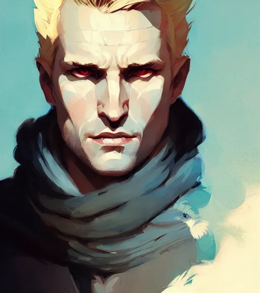 Prompt: portrait of cullen from dragon age with golden eyes by atey ghailan, by greg rutkowski, by greg tocchini, by james gilleard, by joe fenton, by kaethe butcher, dynamic lighting, gradient light blue, brown, blonde cream and white color scheme, grunge aesthetic