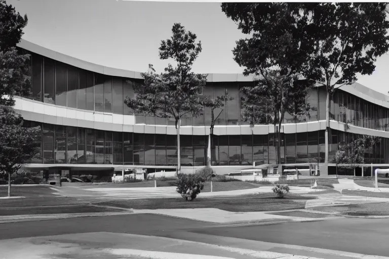 Prompt: a suburban office headquarters designed by Paul Rudolph