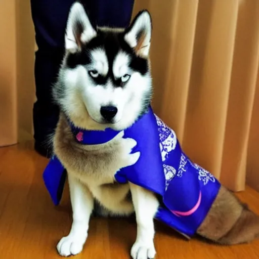 Prompt: a Siberian husky wearing a kimono