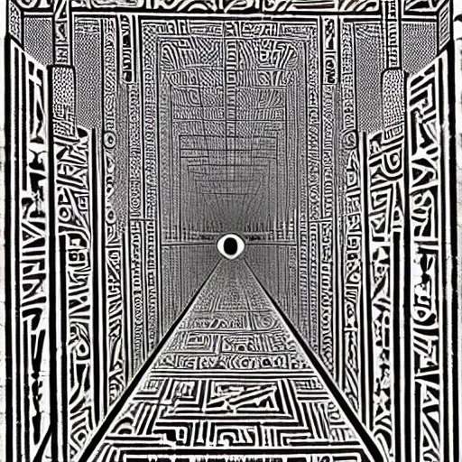 Prompt: interior of an evil egyptian heiroglyphic maze covered in mysterious hidden eye symbols, hyper detailed