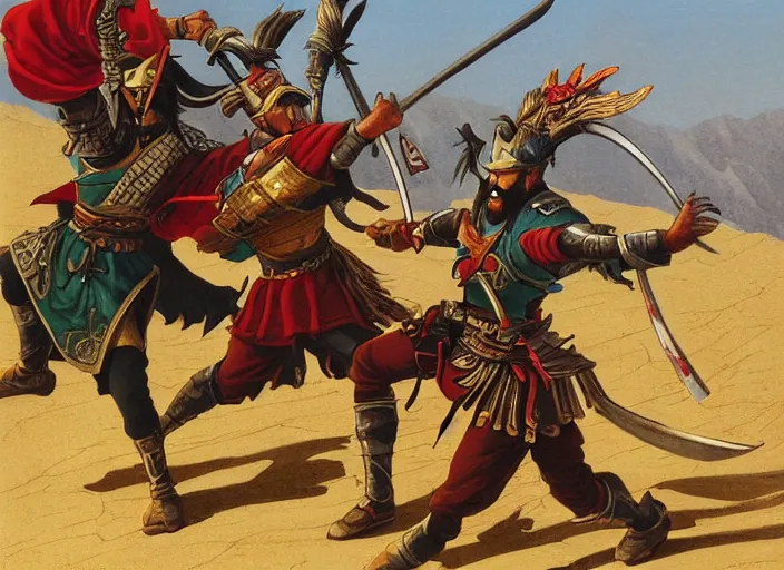 Image similar to lu bu versus zhang fei, guan yu, and liu bei as illustrated by ralph mcquarrie during the golden hour