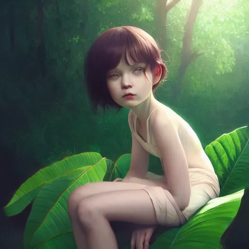 Prompt: very very small little girl by tom bagshaw, sitting on a gigantic green leaf by ilya kuvshinov, rtx rendering, octane render 1 2 8 k, maya, extreme high intricate details by wlop, digital anime art by ross tran, medium shot, close up shot, composition by sana takeda, lighting by greg rutkowski