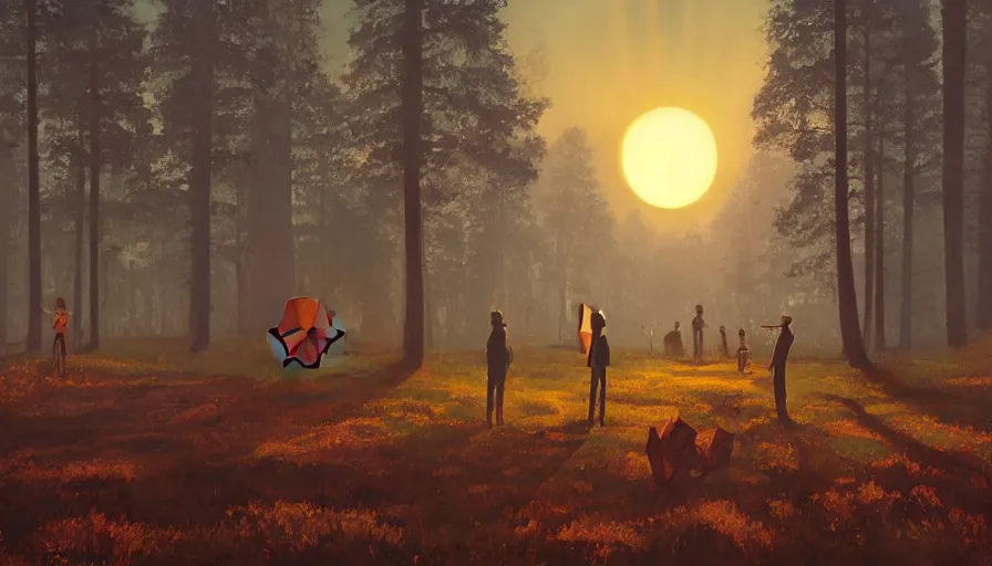 Image similar to hexagon in front of the sun, at sunset, forest in the foreground, simon stalenhag