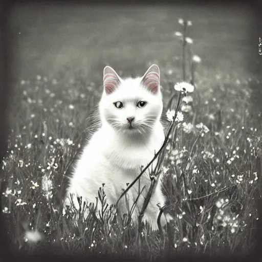 Prompt: a 70s grainy photograph of a white cat with dragonfly wings in a meadow in bloom. Desaturated, bleached colors. Hippie woodstock style. Marygolds, daysies, grass. Kodak, polaroid