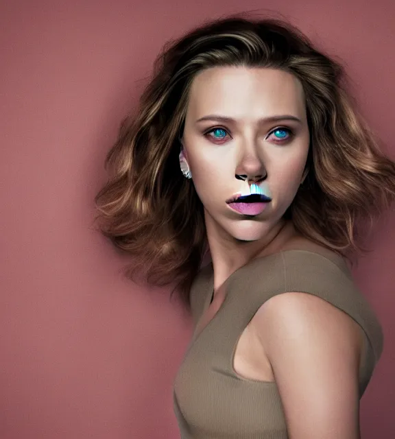 Image similar to portrait photo of Scarlett Johansson:: symmetric face, symmetric eyes, slight smile, photo by Annie Leibovitz, 85mm, teal studio backdrop, Getty images