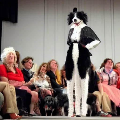 Image similar to a border collie dressed as a woman doing a fashion show in a theater, the audience consists of dogs, painted in acrylic