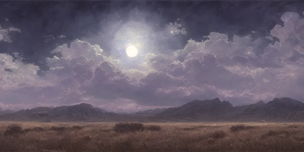 Image similar to the cloudy moonlit sky, landscape art by donato giancola and greg rutkowski, digital art, trending on artstation, symmetry!!, volumetric lighting, moody lighting, hdr