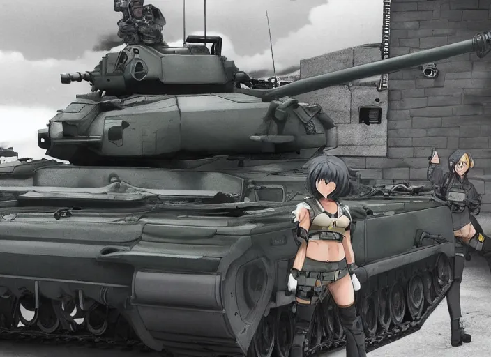 Prompt: female tank crew posing triumphantly next to their tank, anime, trending on pixiv
