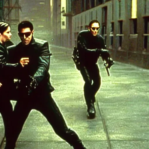 Prompt: trinity fighting cops. Matrix movie screenshot. Epic keyframe.