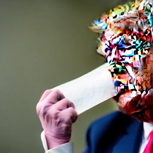 Image similar to candid portrait photo of president trump shoving a wad of paper into his mouth, eating stacks of paper, detailed portrait, 4 k, megapixel, sony a 7 s, f / 8, 2 4 mm lens, ap photo