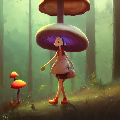 Image similar to goro fujita ilustration a cheerful girl collecting mushrooms in the forest, characterized by masamune shirow and greg rutkowski, character art, focus, highly detailed, artstation