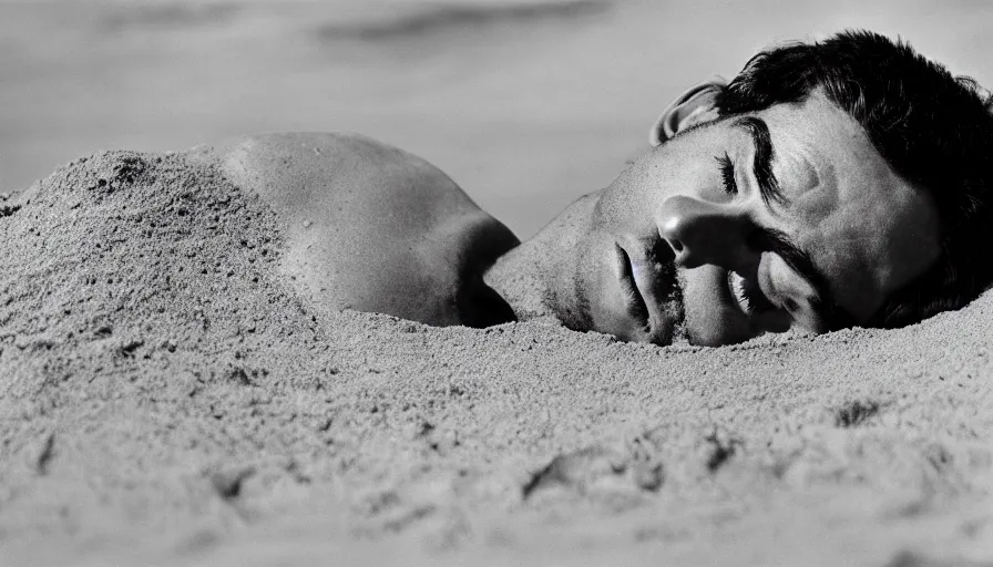 Image similar to 1 9 6 0 s movie still close up of marcus atilius regulus eyelids riped off looking directly at the sun his body buried in the sand, cinestill 8 0 0 t 3 5 mm b & w, high quality, heavy grain, high detail, texture, dramatic light, anamorphic, hyperrealistic, detailed hair