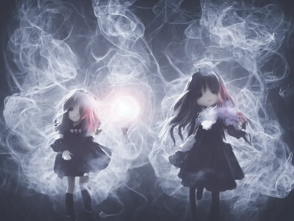 Image similar to cute fumo plush girl gazing into a crystal ball swirling with strange energy, black and white gothic horror, smoke and volumetric fog, witch girl, soothsayer, lens flare glow, chibi anime, vray