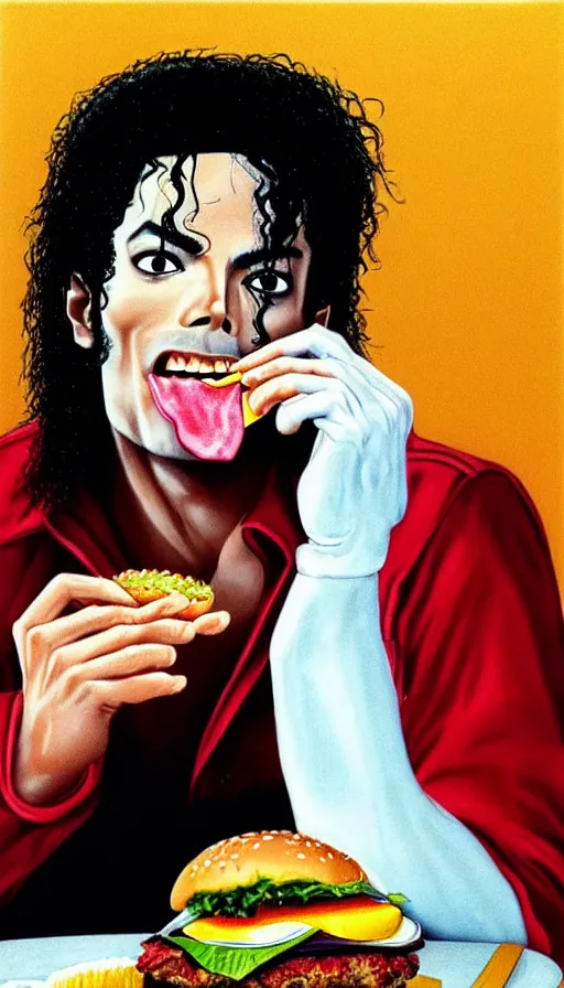 Prompt: michael jackson eating a hamburger 1 9 8 9. portrait by jean giraud and anton otto fischer