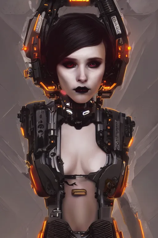 Image similar to portrait of beautiful young gothic cyborg maiden. cyberpunk, Warhammer, highly detailed, artstation, illustration, art by Ilya Kuvshinov and Gustav Klimt