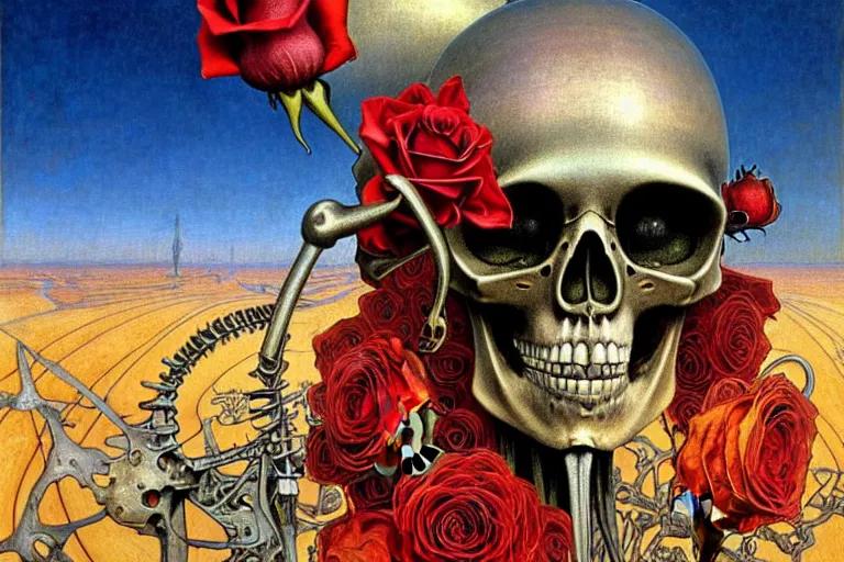 Image similar to realistic detailed portrait painting of a skeleton with a single rose wearing sci-fi helmet in a dystopian desert by Jean Delville, Amano, Yves Tanguy, Alphonse Mucha, Ernst Haeckel, Edward Robert Hughes, Roger Dean, rich moody colours, blue eyes