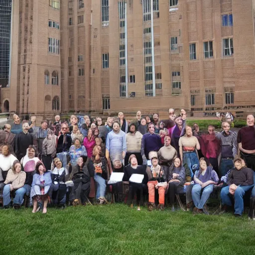 Image similar to a conference of psychedelic scientists / professors / researchers at the ohio state university