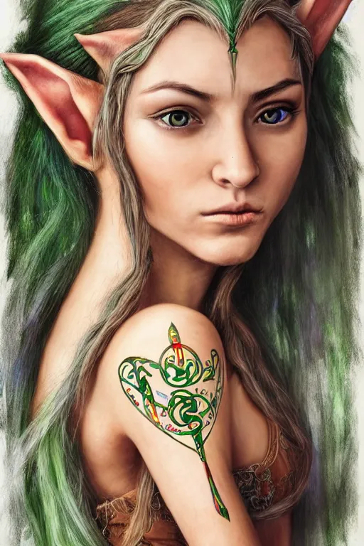 Image similar to a hyperrealistic photorealisitc hyperdetailed detailed portrait of a magical female elf looking to the camera with the rune of nature in her forehead