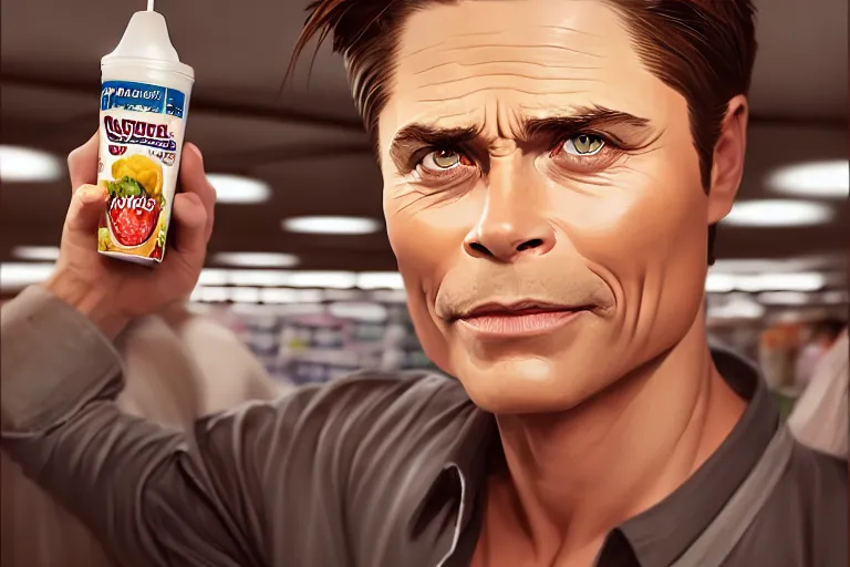 Image similar to rob lowe face in a yogurt cup, dairy aisle at grocery store, charlie bowater, artgerm, ilya kuvshinov, krenz cushart, ruan jia, realism, ultra detailed, 8 k resolution