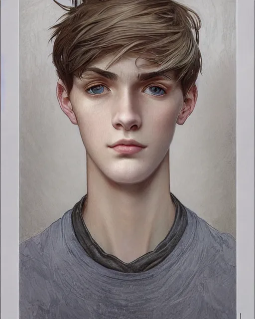 Image similar to portrait of 1 5 - year - old boy, a tall, slender boy with a pale, pointed face, sleek blond hair, and ice grey eyes, hyper realistic face, beautiful eyes, close up, fantasy art, in the style of greg rutkowski, intricate, alphonse mucha, hyper detailed, smooth