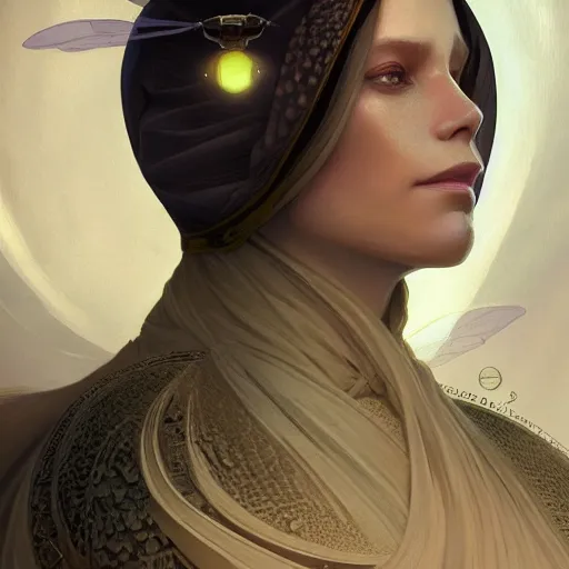 Image similar to portrait, female bene gesserit, bee keeper, d & d, fantasy, intricate, elegant, highly detailed, digital painting, artstation, concept art, matte, sharp focus, illustration, art by artgerm and greg rutkowski and alphonse mucha