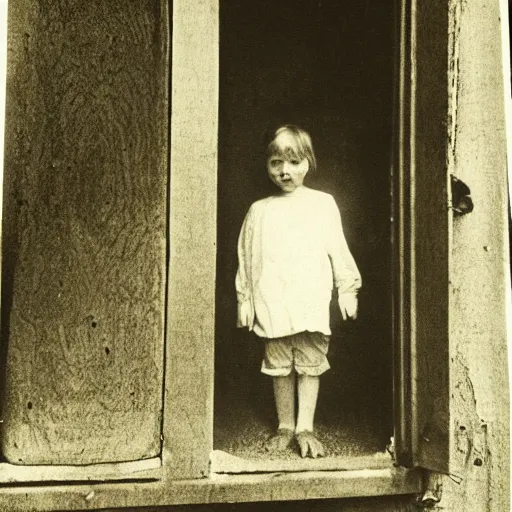 Prompt: creepy child standing behind a window of an old villa. 1 9 2 0 s black and white photo taken from outside. eerie, foggy.