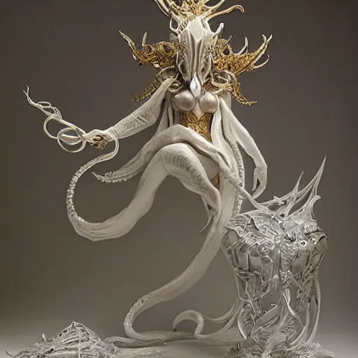 Image similar to angelarium, illithid, cthulhu, white with gold accents, sculpture by ellen jewett