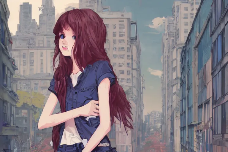 Prompt: urban school zombie girl in tattered clothes with a city street of Buenos aires in the background, dark blue long hair, muted colors, matte print, pastel colors, ornate, digital art, cute smile, digital painting, fan art, elegant, pixiv, by Ilya Kuvshinov, by Studio Ghibli