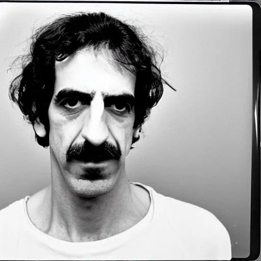 Image similar to Mugshot Portrait of Frank Zappa, taken in the 1970s, photo taken on a 1970s polaroid camera, grainy, real life, hyperrealistic, ultra realistic, realistic, highly detailed, epic, HD quality, 8k resolution, body and headshot, film still, front facing, front view, headshot and bodyshot, detailed face, very detailed face