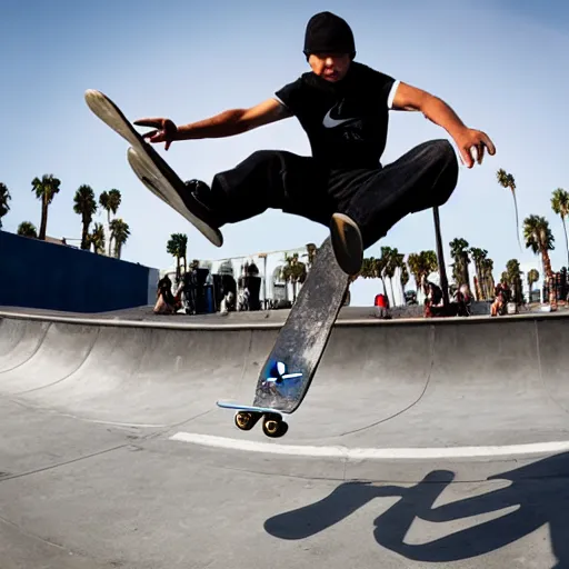 Image similar to skater wearing nike sb dunks doing a kickflip at the venice beach skatepark