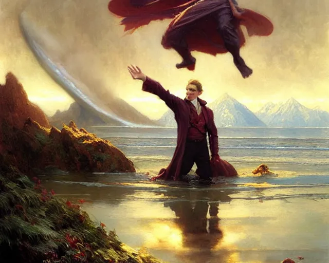 Image similar to attractive male wizard casting powerful tsunami wave spell in a beautiful lake. highly detailed painting by gaston bussiere, craig mullins, j. c. leyendecker 8 k