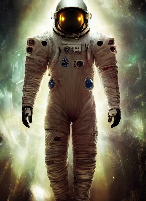 Prompt: complex poster art by craig mullins astronaut in futuristic dark and empty spaceship underwater. infrared glowing lights. complex and hyperdetailed technical suit. reflection and dispersion materials. rays and dispersion of light. volumetric light. 5 0 mm, f / 3 2. noise film photo. flash photography. unreal engine 4, octane render. interstellar movie poster