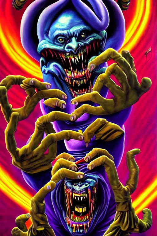 Prompt: a hyperrealistic painting of a epic boss fight against evil jester juggling knives, cinematic horror by chris cunningham, lisa frank, richard corben, highly detailed, vivid color,