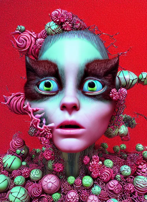 Prompt: hyper detailed 3d render like a sculpture - profile subsurface scattering (a beautiful fae princess protective playful expressive from that looks like a borg queen grumpy cat wearing a sundress made of flowers) seen red carpet photoshoot in UVIVF posing in caustic light pattern pool of water to Eat bite of the Strangling network of yellowcake aerochrome and milky Fruit and His delicate Hands hold of gossamer polyp blossoms bring iridescent fungal flowers whose spores black the foolish stars by Jacek Yerka, Ilya Kuvshinov, Mariusz Lewandowski, Houdini algorithmic generative render, golen ratio, Abstract brush strokes, Masterpiece, Victor Nizovtsev and James Gilleard, Zdzislaw Beksinski, Tom Whalen, Mark Ryden, Wolfgang Lettl, hints of Yayoi Kasuma and Dr. Seuss, Grant Wood, octane render, 8k, maxwell render, siggraph