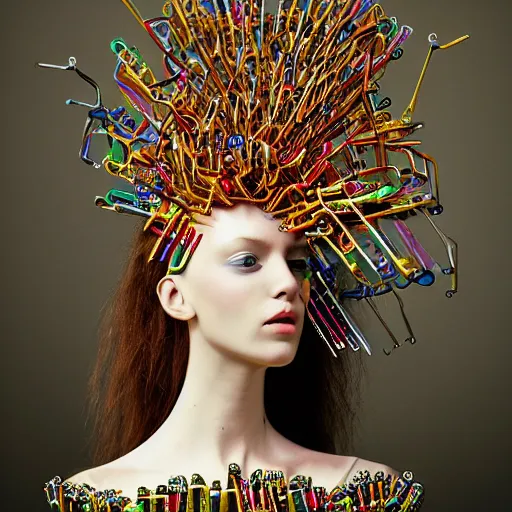 Image similar to a woman with a weird head piece on her head, a flemish baroque by alexander mcqueen, panfuturism, made of paperclips, made of insects, made of feathers, hybrid, bold natural colors, masterpiece, trending on artstation, photograph