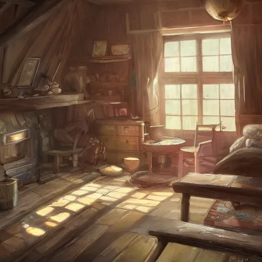 Image similar to concept art painting of interior of a cozy cottage with european and japanese design, realistic, detailed, cel shaded, in the style of makoto shinkai and greg rutkowski and james gurney