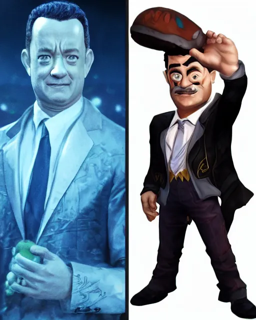 Image similar to tom hanks as a character in the game league of legends, with a background based on the game league of legends, detailed face