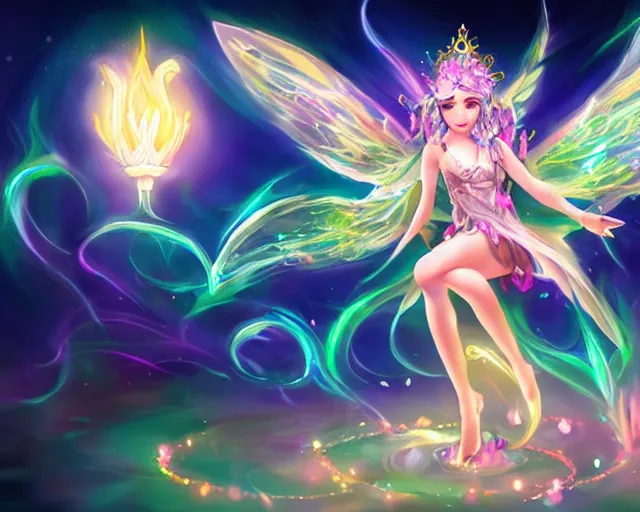 Prompt: champion Splashart of the goddess of fairies filled with sparkeling light and a loving sensation