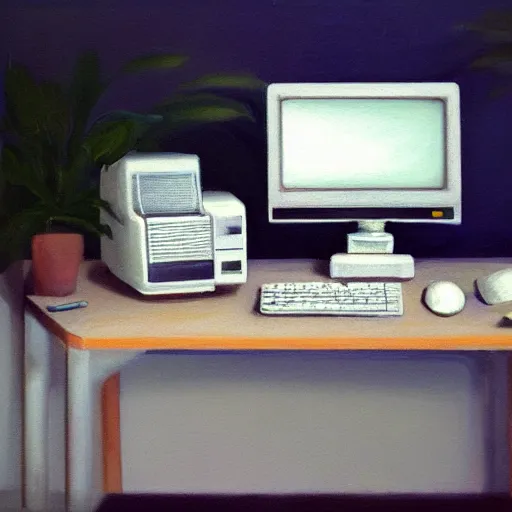 Image similar to a realistic a glowing white retro computer in a white room, high art, oil painting, hd, photo