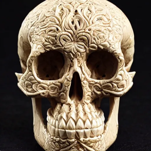 Prompt: intricately carved human skull, intricate ornament