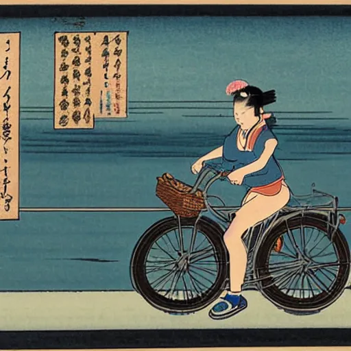 Prompt: Girl in denim shorts riding a bike in backward next to Lake Balaton, Ukiyo-e style