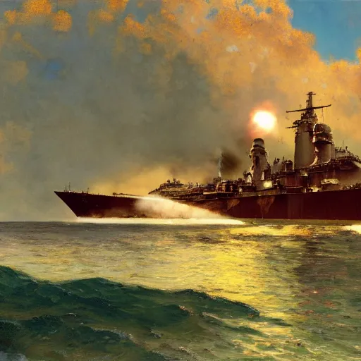 Image similar to detailed cinematic wide shot of world war 2 battleship, ultra realistic, spring light, painting by gaston bussiere, craig mullins, j. c. leyendecker