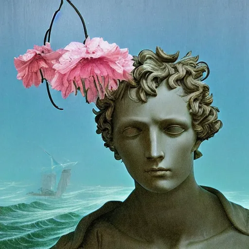 Image similar to Caspar David Friedrich, award winning masterpiece with incredible details, Caspar David Friedrich, a surreal vaporwave vaporwave vaporwave vaporwave vaporwave painting by Caspar David Friedrich of an old pink mannequin head with flowers growing out, sinking underwater, highly detailed Caspar David Friedrich
