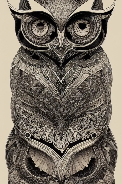 Image similar to portrait of a geometric owl, identical eyes, medium shot, fantasy, vivid, illustration, geometric tattoo style, detailed line work, symmetrical, artstation, hyperdetailed, cinematic lighting, insanely detailed and intricate, ornate, ultrasharp, by peter mohrbacher, by victor vasarely