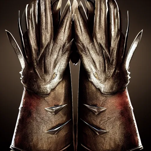 Image similar to metal claws on gloves, old leather gloves with attached talons, pointy fingertips, dark background, highly detailed, 8 k, trending on artstation, mystic, rpg artwork, by peter jackson, by sauron